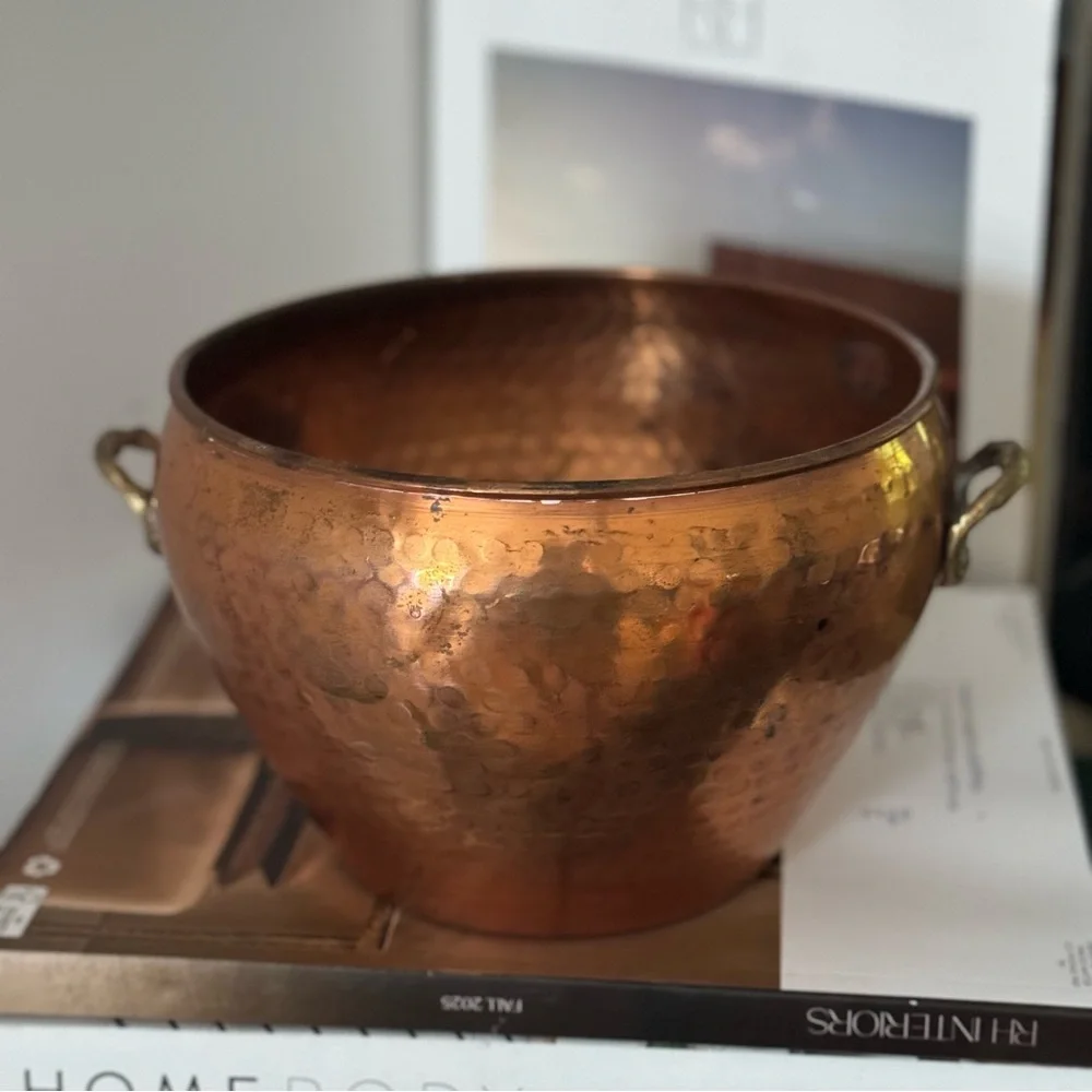 Vintage Hosley Copper Container Planter W/ Brass Handles / vase